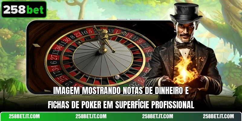 Imagem mostrando notas de dinheiro e fichas de poker em superfície profissional
