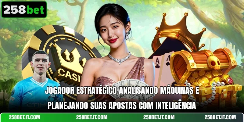 Jogador estratégico analisando máquinas e planejando suas apostas com inteligência