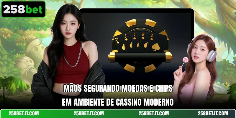 Mãos segurando moedas e chips em ambiente de cassino moderno